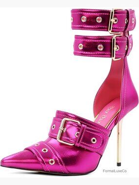 Women's Pointed Toe Pumps Gold Heels Ankle Strap Stiletto High Heels Metal